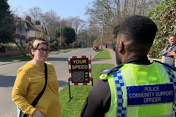 Sharon Slinger talking to a PCSO