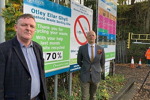 Otley councillor sandy lay in front of a sign