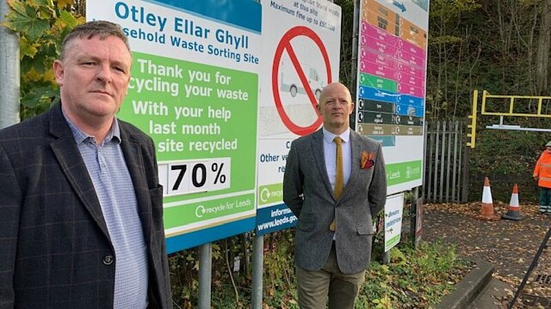 Otley councillor sandy lay in front of a sign